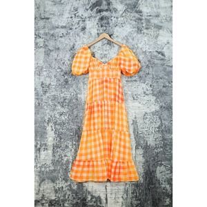 For Love & Lemons Mimosa Orange Check Plaid Midi / Maxi Dress
